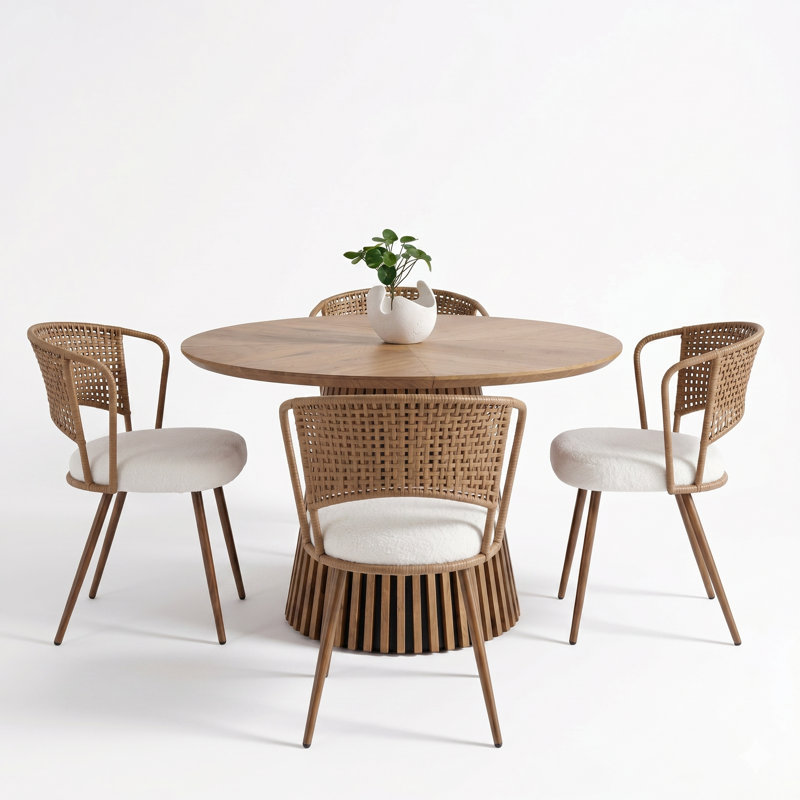 5 Piece Round Dining Table Set For 4, Wood Look Kitchen Table With 4 Rattan Back Upholstered Dining Chairs, Walnut