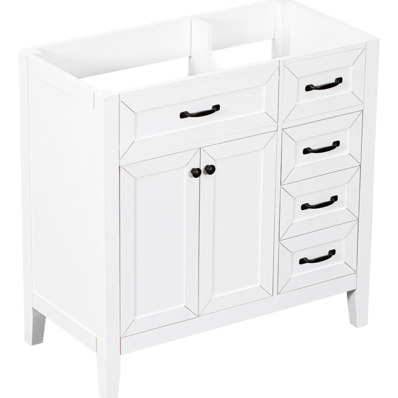 Base de meuble-lavabo de salle de bain 36 po seulement en blanc. Rangement de tiroir. Bois massif et style moderne. Autoportant. Base blanche requise. Tiroirs pour articles.