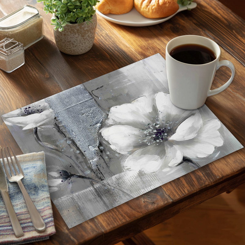 Monochrome Silver Floral Placemat - White Botanical Decor