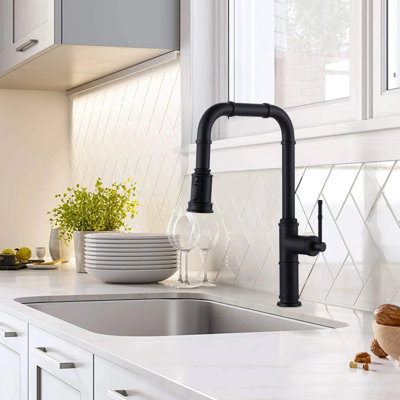 Robinet de cuisine en laiton avec douchette rétractable à 3 fonctions, robinet d'évier de cuisine à poignée simple moderne avec plaque de pont