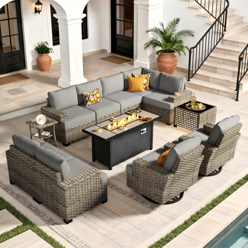 Outdoor Wicker 9 Person Modular Sectional Patio Seating Group With Swivel Rocking Chairs And Fire Pit Table, Dark Gray