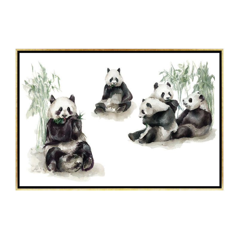 Pandas, H 40 po x l 60 po x 1,5 po, Toile encadrée d'or