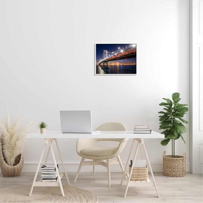 Illuminated Water Ocean Bridge Urban City Skyline, 20" W x 20" H, Coastal White Framed Giclee