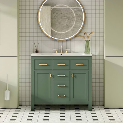 36'' Bathroom Vanity With Ceramic Sink Combo Set, Modern Freestanding Single Bathroom Cabinet With 4 Drawers & 2 Cabinets,Storage Cabinet For Bathroom, Solid Wood Frame Vanity Set, Green