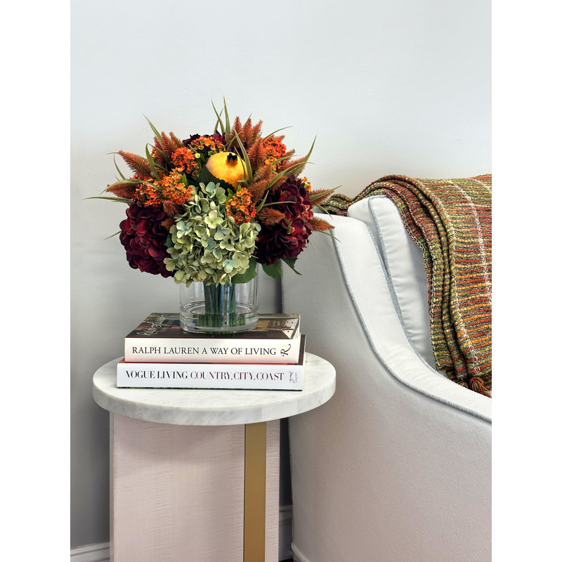 Fall Arrangement with Hydrangeas and Thistle, Green/Burgundy/Orange