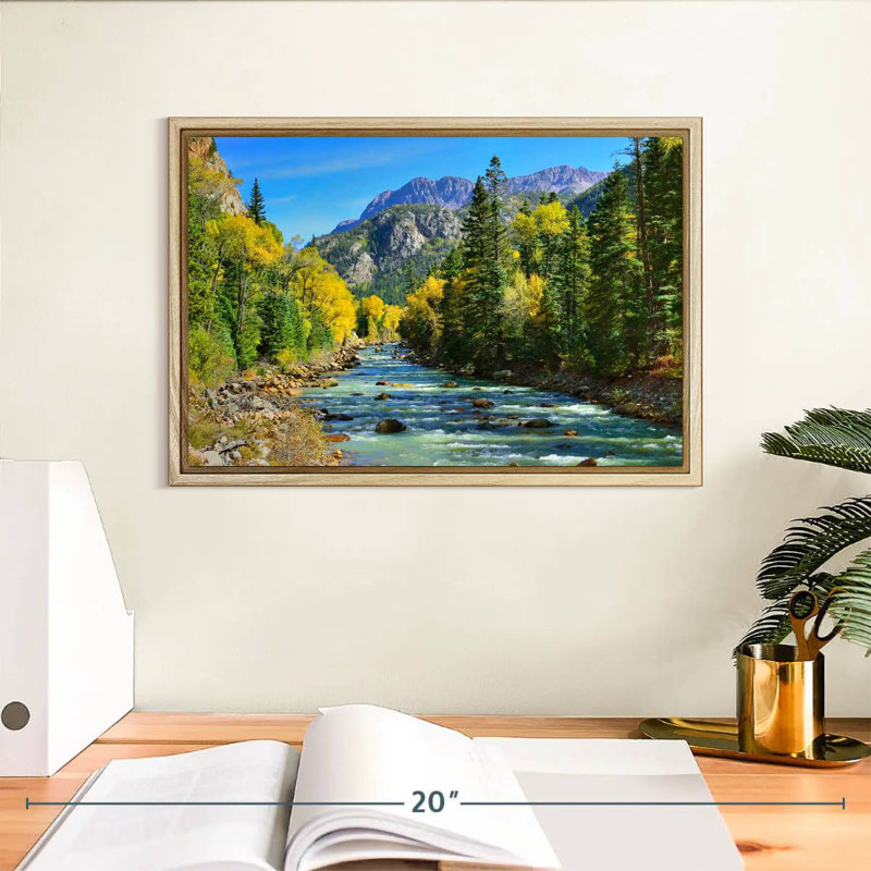 Montagne avec rivière, Cadre flottant en bois naturel, 13 po x 9 po