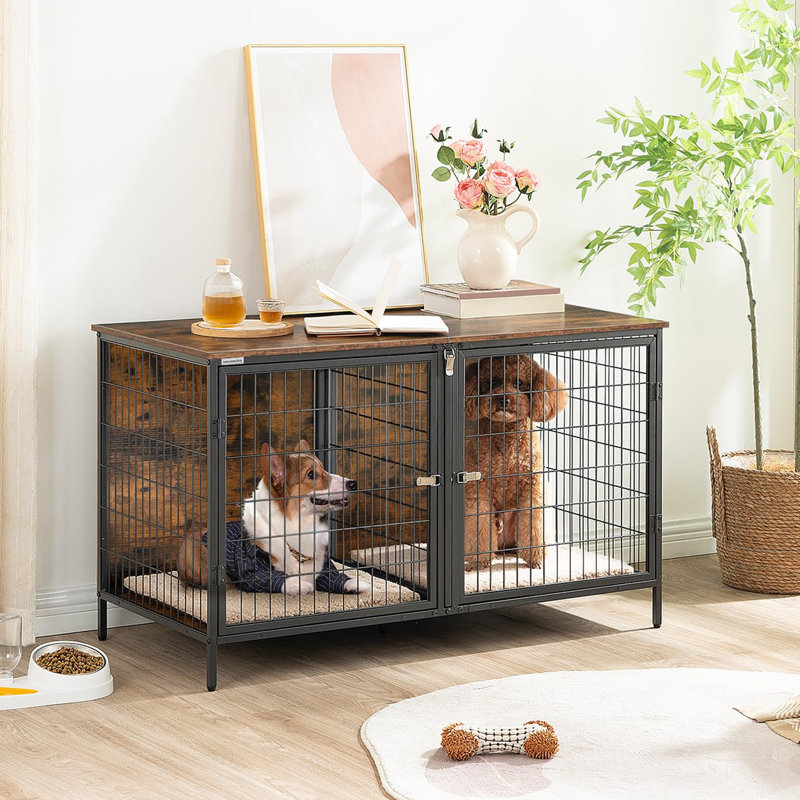 Chenil en bois robuste pour petit chien moyen, Brun rustique / noir