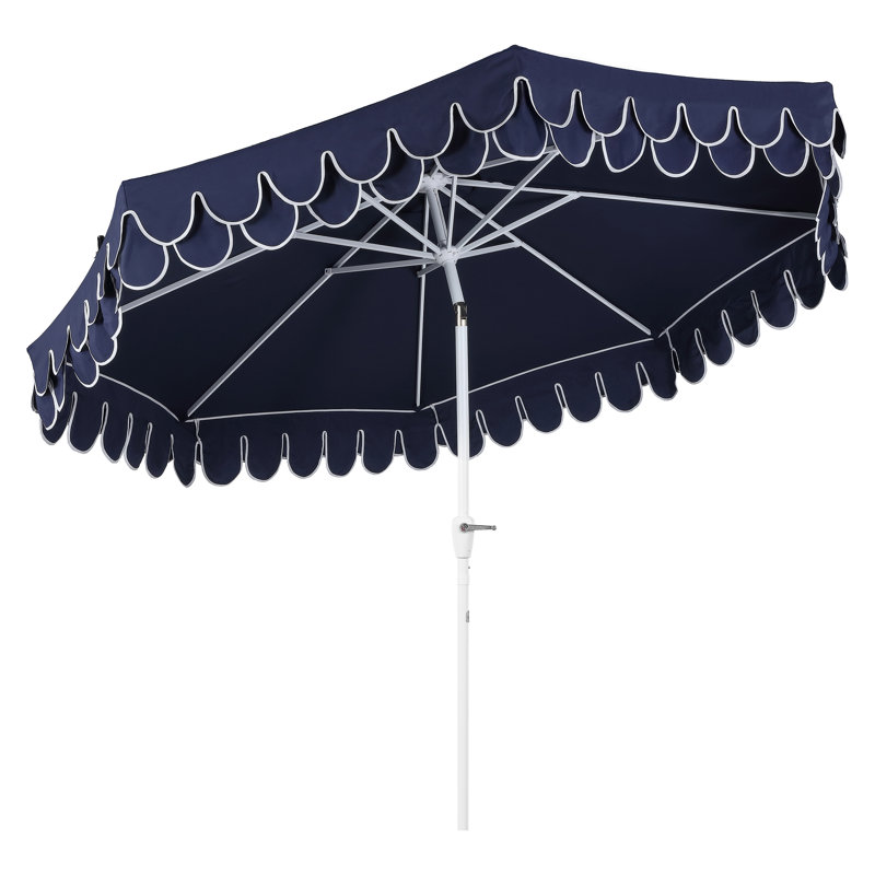 Parasol de marché extérieur octogonal 9 pi avec bordure festonnée, manivelle et inclinaison Tracy, Marine, Blanc