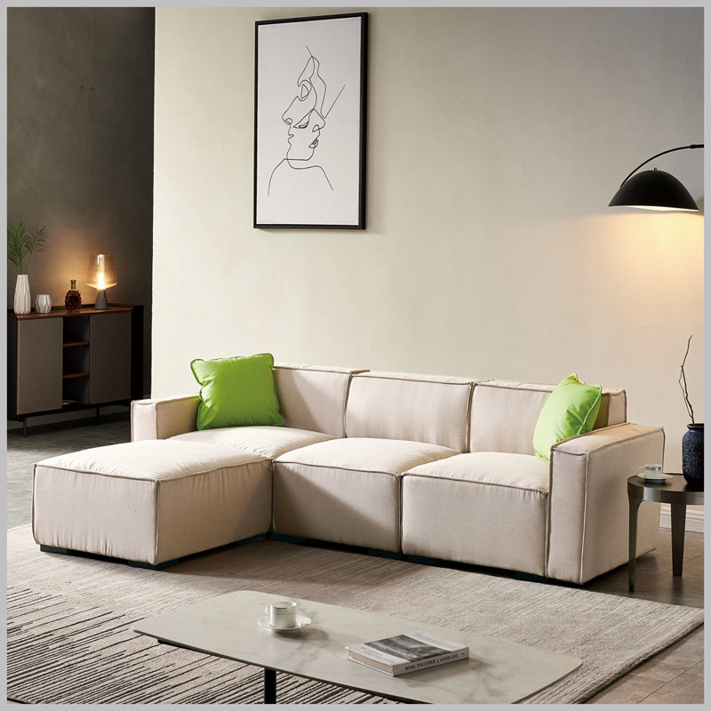Upholstered L-Shaped Sectional Reversible, Beige 100% Polyester, Right Hand Facing