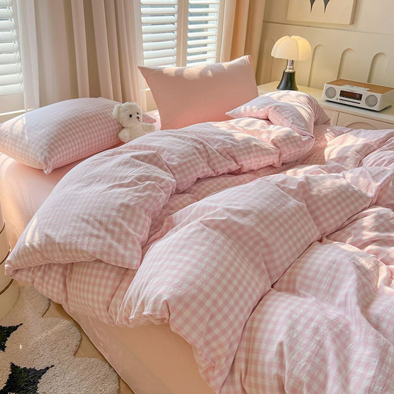 Ensemble de literie à carreaux Nhooroom, Housse de couette grand et 2 taies d'oreiller stan, Rose