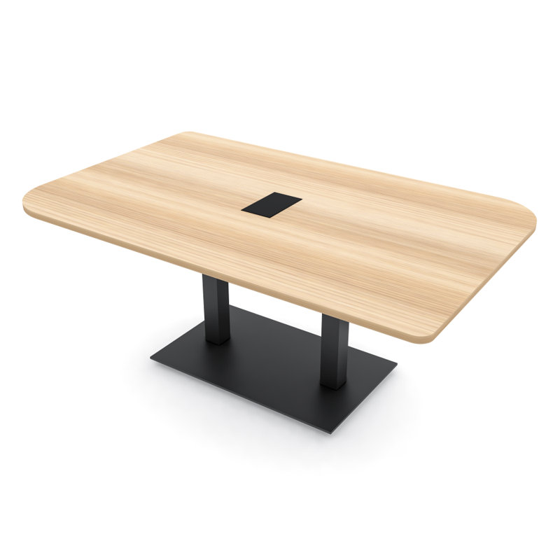 Duo Shaped Conference Table with Double Metal Post Base | Electrical Unit, 72" L x 48" W, Blonde Surfside Ash, Matte Black
