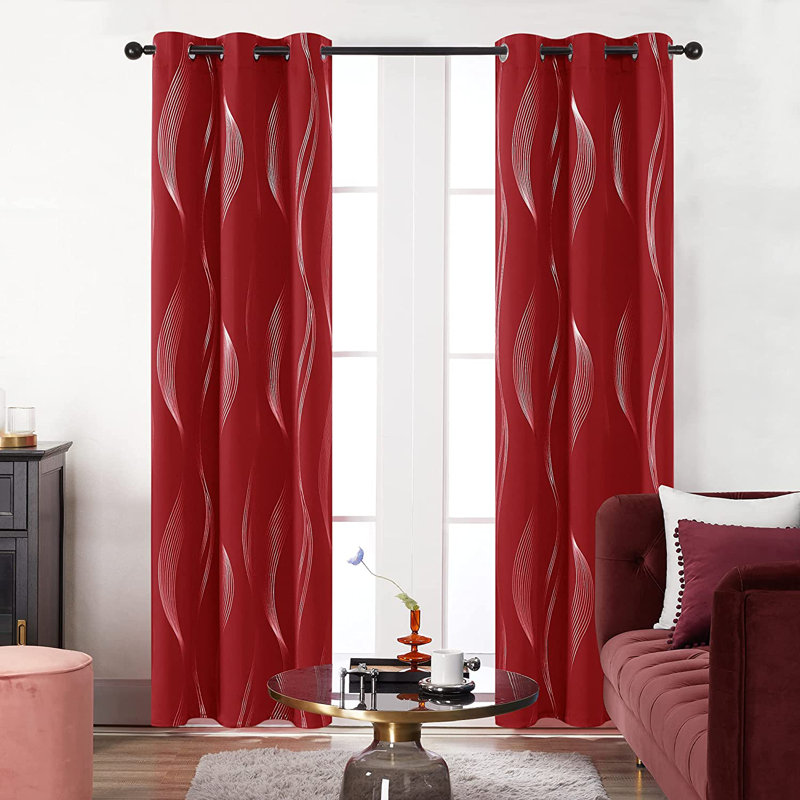 Spurgh Sliver Wave Foil Print Blackout Thermal Grommet Curtain Panels (Set of 2), 42" W x 72" L, Orange Flame