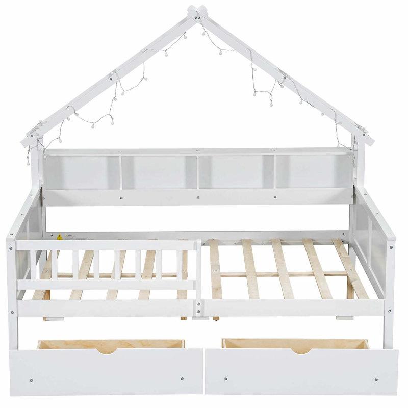 Lit plateforme en bois avec lumières à DEL, tablettes de rangement, tiroirs et garde-corps, Blanc