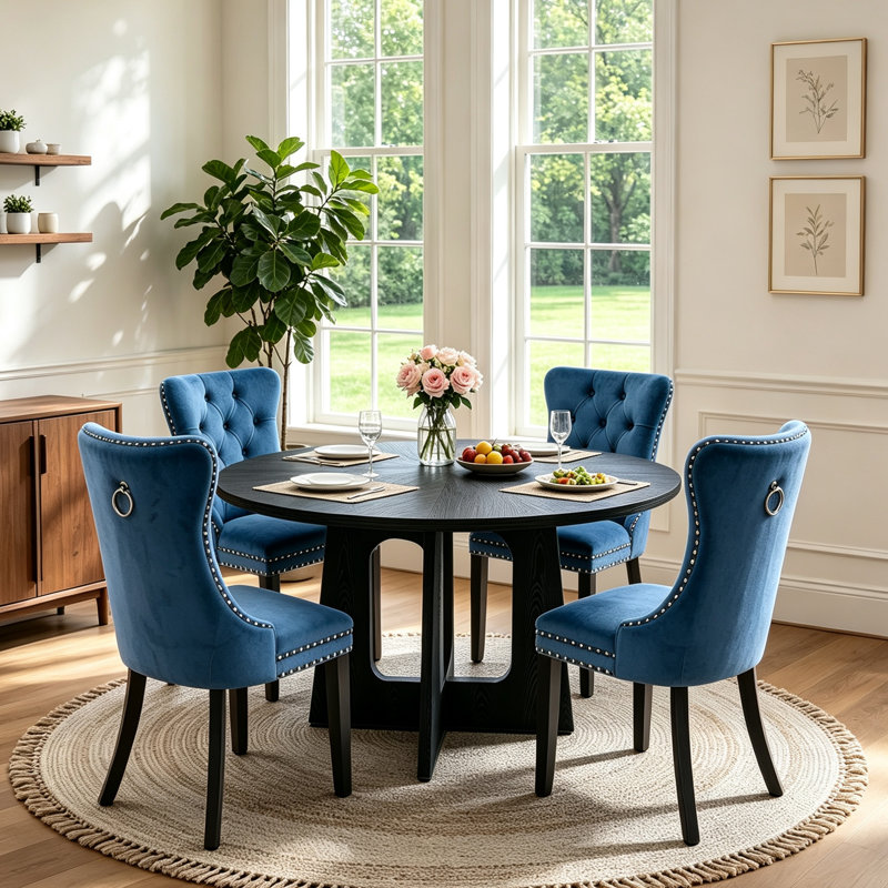 Ensemble de table à manger ronde 5 pièces pour 4 personnes, table de cuisine ronde en bois de 119 cm et 4 chaises rembourrées pour petit appartement