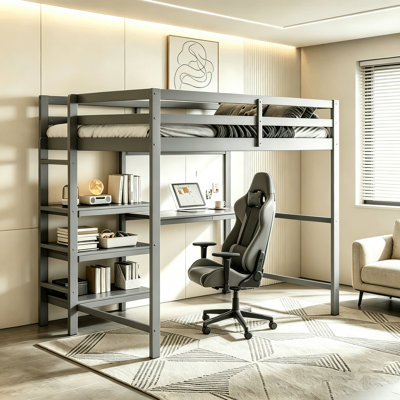 Lit mezzanine simple avec bureau intégré, tableau blanc et tablettes de rangement à 3 niveaux