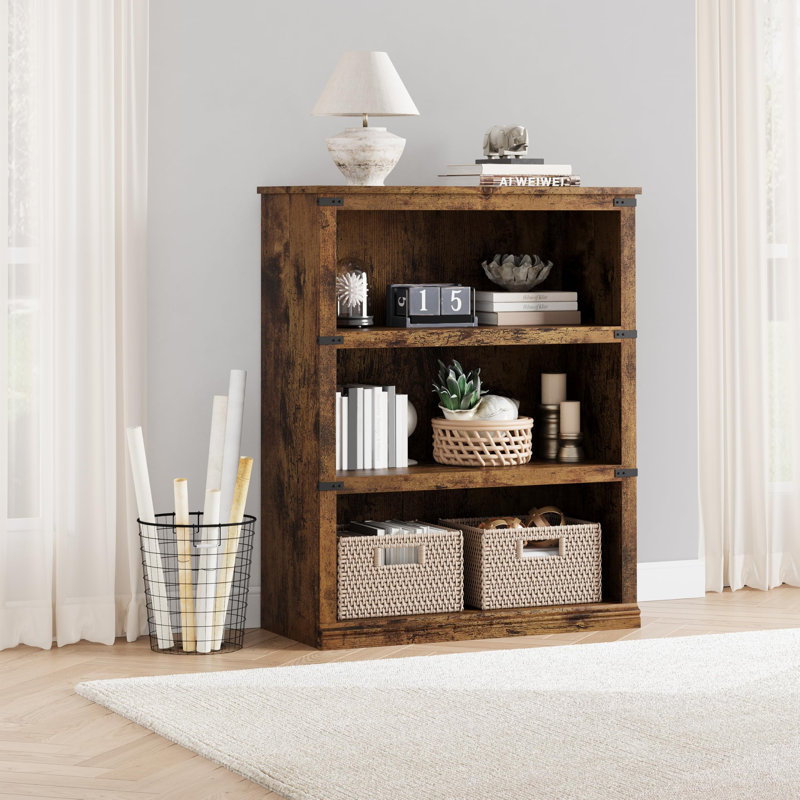 3-Tier Farmhouse Bookcase, Low Wooden Bookshelf with Open Storage Shelves, Vintage
