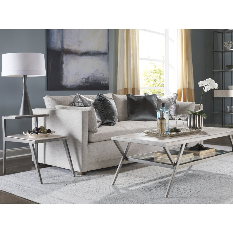 Adamo Contemporary Beige Stone and Metal Rectangular Side Table