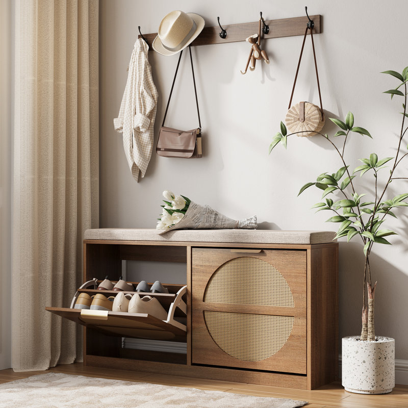Rattan Entryway Bench With Seat Cushion & Coat Rack
