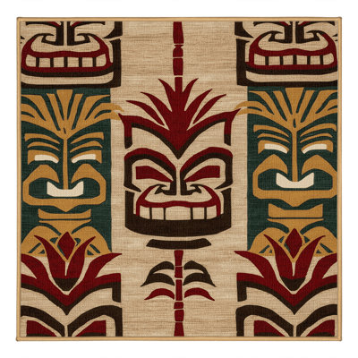 Washable Tiki Faces Hawaiian Area Rug