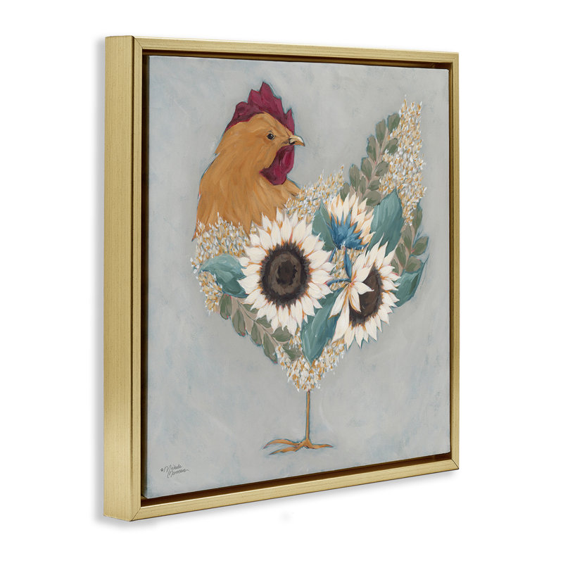 Coq avec des fleurs florales superposées, H 18 po x l 18 po, Cadre flottant métallique doré