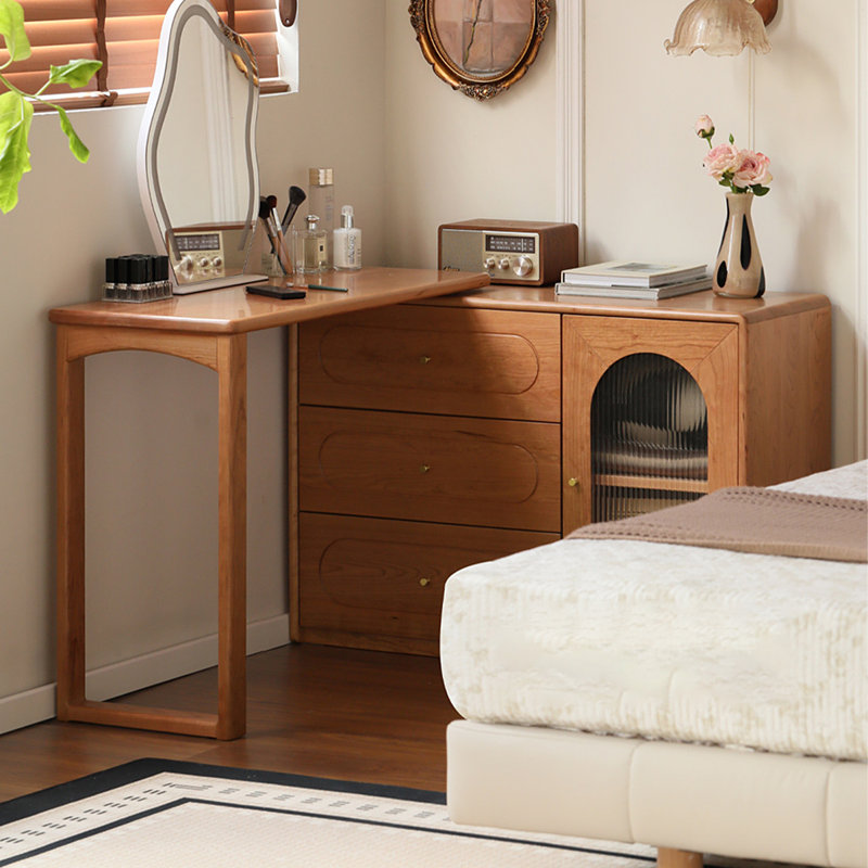Retro Solid Wood Dressing Table and Cabinet with Extendable Dressing Table