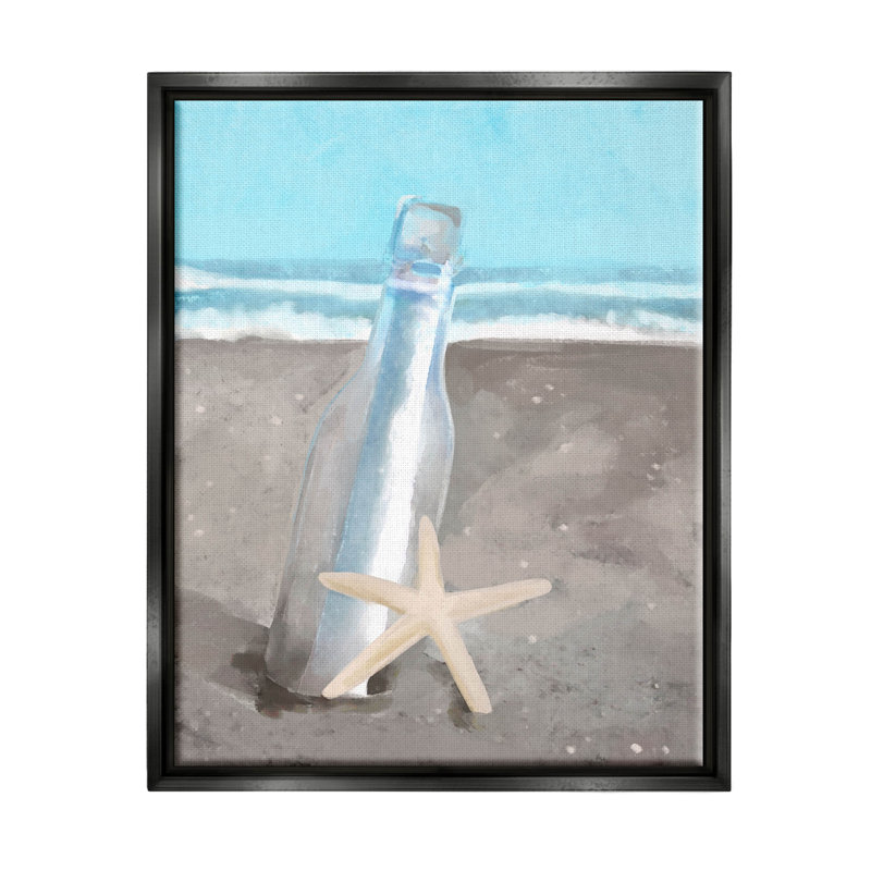 «Message Bottle Beach Shore - Floater Frame», impression sur toile, Cadre flottant noir de jais, H 21 po x l 17 po x P 1,7 po