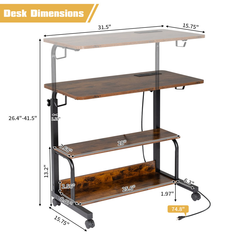 Adjustable Height Steel Computer Desk with Built-In Electrical Outlet, Brown