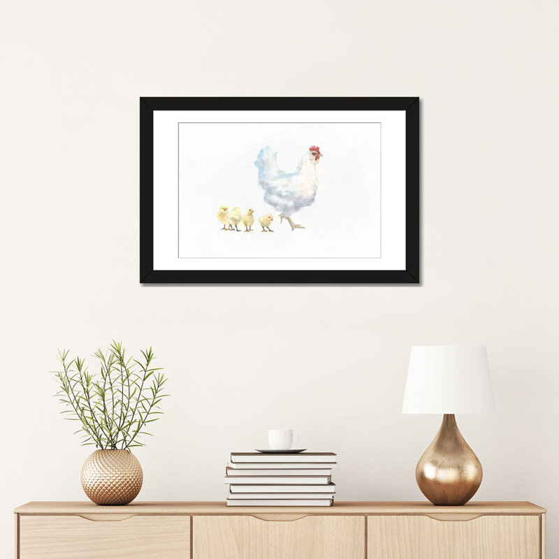 «Hen and Chickens», impression sur toile tendue, Papier d'art encadré noir, Blanc, H 16 po x l 24 po x P 1 po