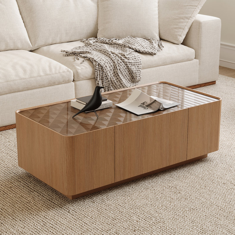 Table basse de 46,8 po de style Mid-Century moderne avec plateau en verre, table centrale rectangulaire avec tiroirs de rangement cachés pour le salon, table basse de rangement contemporaine avec base stable pour maison d'appartement (noyer clair)