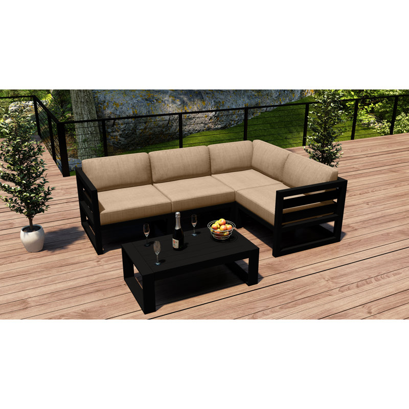 Smith 4 - Person Modular Patio Conversation Set with Sunbrella® Cushions, Spectrum Peacock Sunbrella® Plainweave, Black
