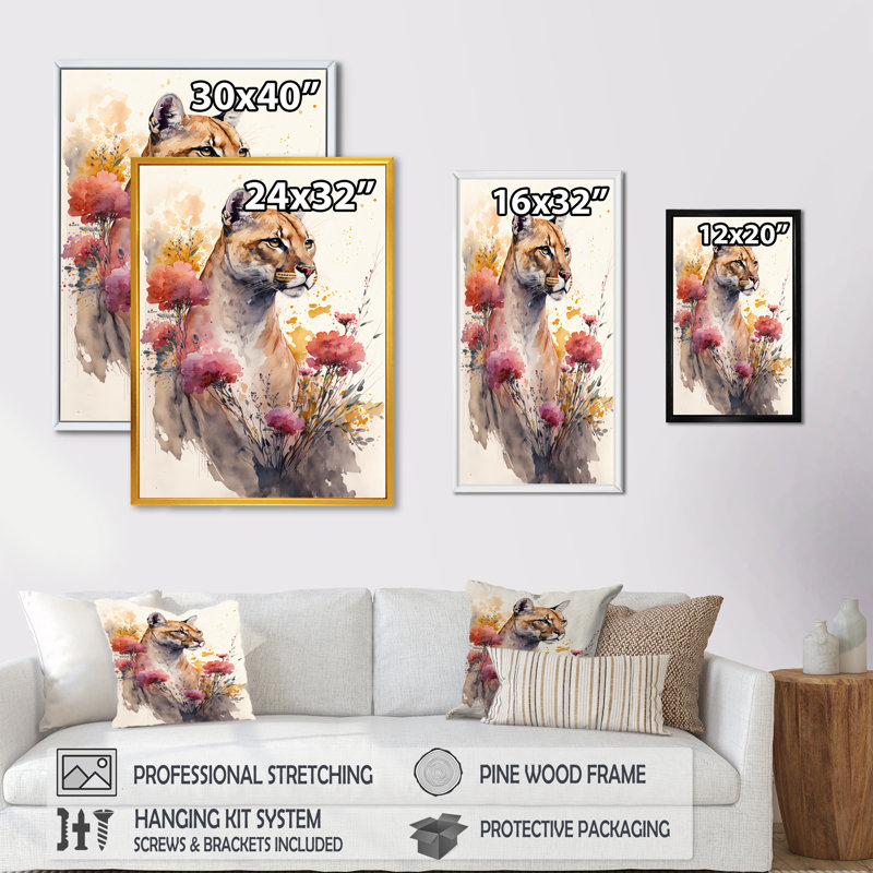 «Cute Puma Floral Art III», peinture sur toile, H 20 po x l 12 po x P 1 po, Toile avec cadre flottant noir