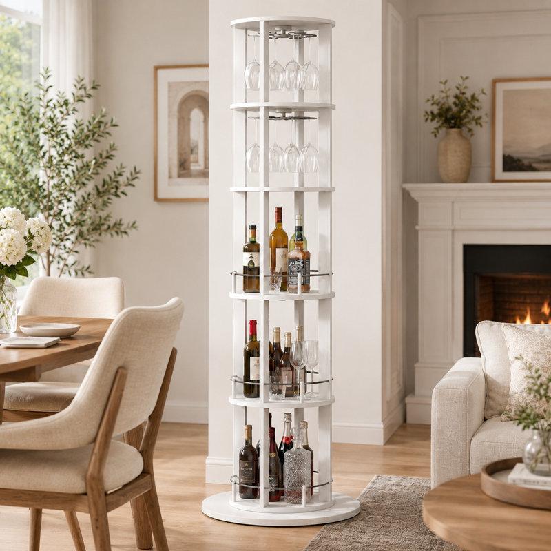 Casier à vin rond Staley de 185 cm de hauteur avec porte-verres rotatif à 360°, Blanc