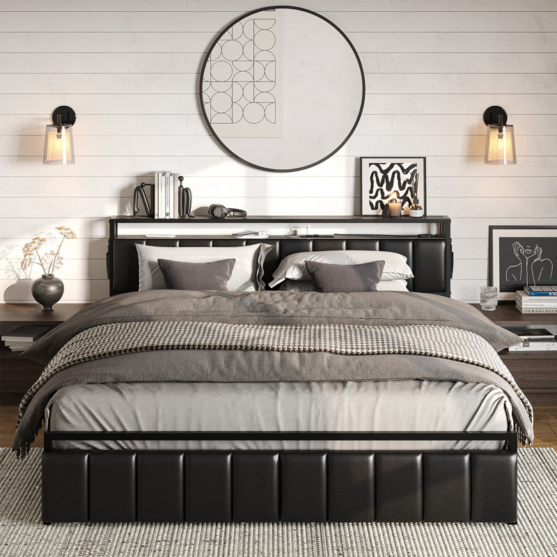 Brisna Upholstered Platform Bed, Queen, Black/Gray