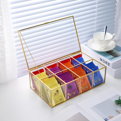 8 Compartment Gold Trim Glass Lid Handmade Tea Bag Storage Box Countertop Kitchen Tea Organizer