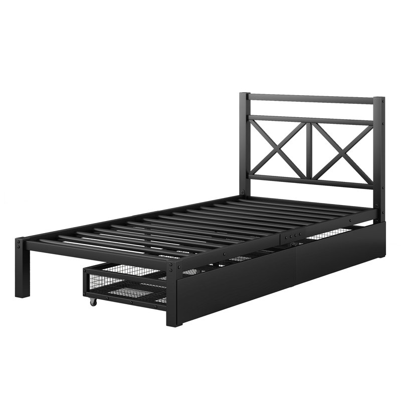 Lit plateforme en métal avec 2 tiroirs, Lit simple