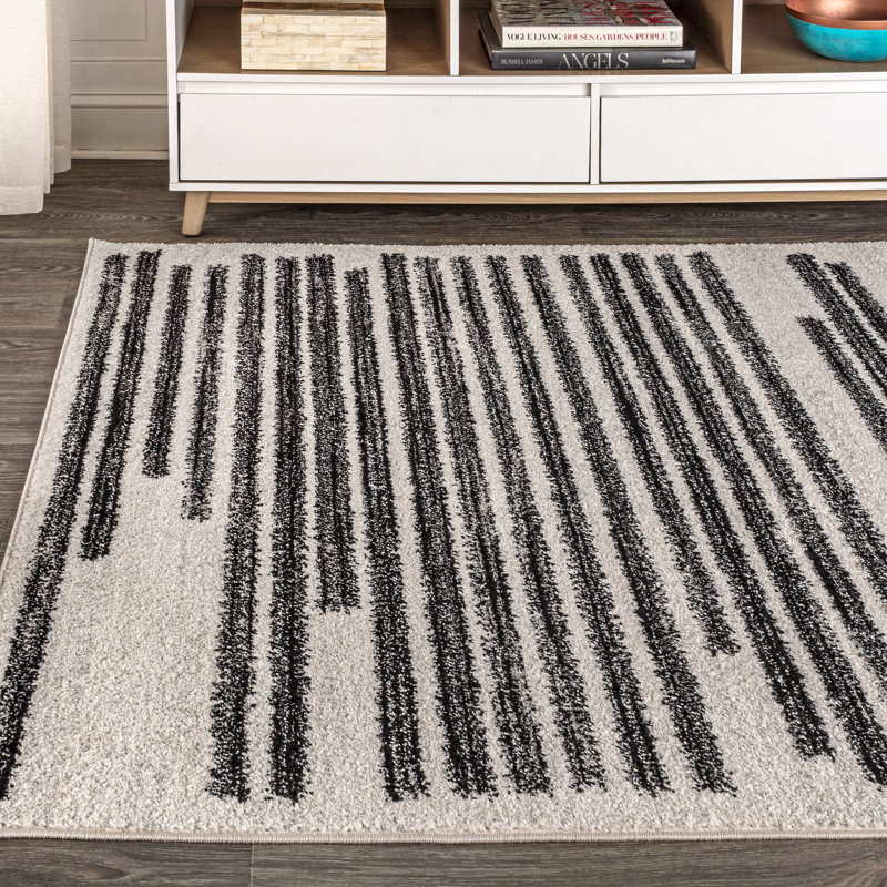 Augie Modern Berber Stripe Cream/Black Rug, Rectangle 7'9" x 10'