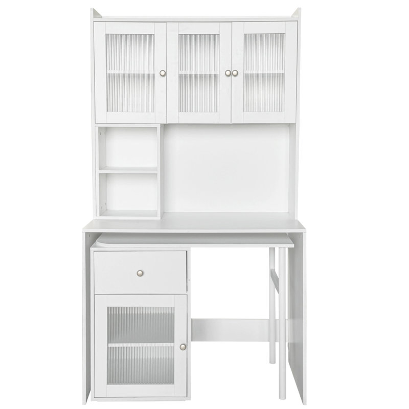 Bureau d'ordinateur multifonctionnel avec bureau pivotant et huche de porte en verre - Bureau à domicile avec bibliothèque, armoires de rangement et grande surface de travail