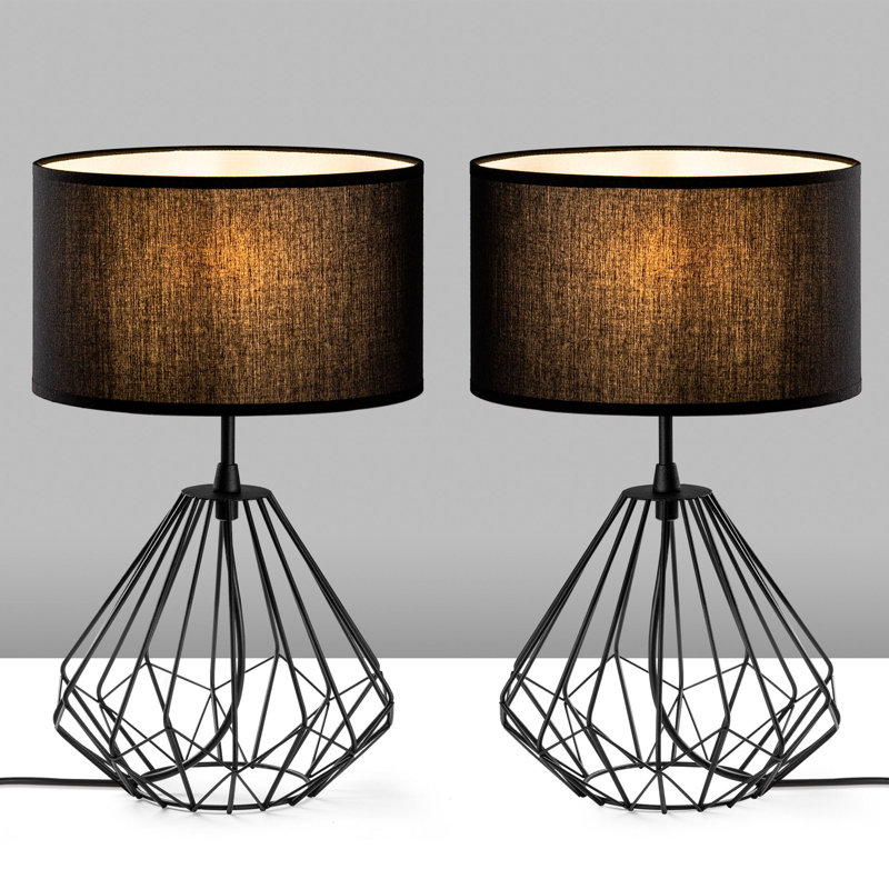Industrial Table Lamp Set (2 Pieces), Black Metal Body, 9.8 x 9.8 x 16.9 inches | Fabric Cap, 7.9 inches Diameter, 78.7 inches Cable with On/Off Switch | Perfect for Modern Home Decor & Office Lighting, Max 40W E27 Socket