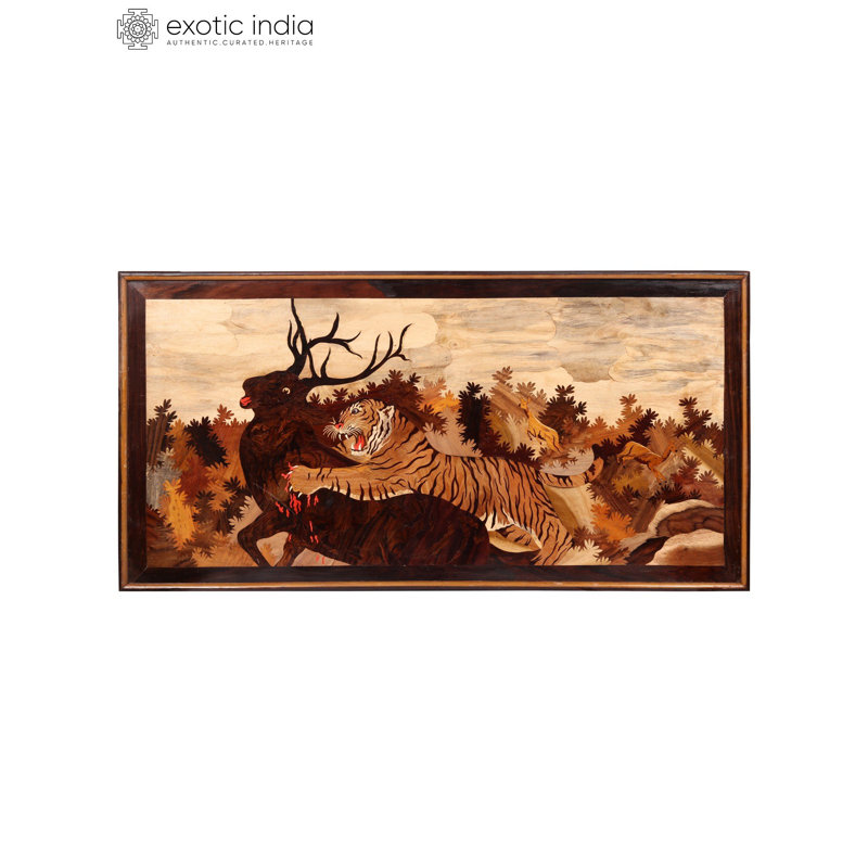 Tigre sculpté à la main, art mural en bois 3D, scène de la faune de 48 pouces avec incrustation