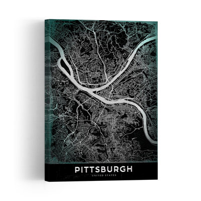 Modern Pittsburgh City Map Retro Vintage City Architecture Wall Art Print 1 Piece Wrapped Canvas Wall Art
