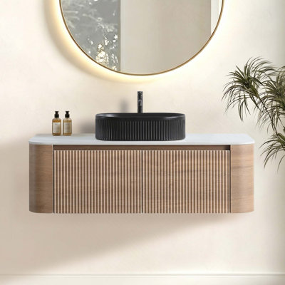 Meuble-lavabo flottant mural de 48 po avec lavabo, armoire avec porte-serviettes gratuit, lavabo simple en céramique rayé ovale, sans drain et robinet, pré-assemblé