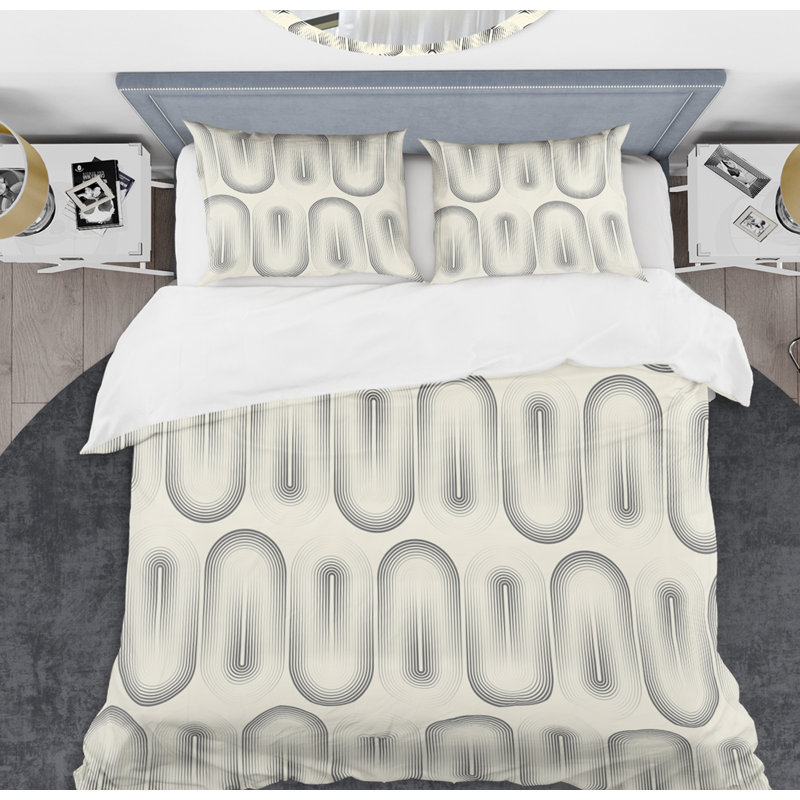 Ensemble de housse de couette Mid-Century Retro Curved Minimal Ornament I, Housse de couette double / grand et 2 taies