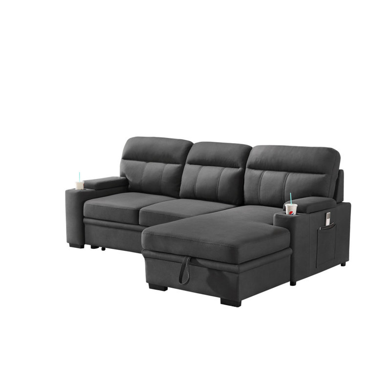 Canapé-lit modulaire en tissu gris avec accoudoirs et porte-gobelet Kaden