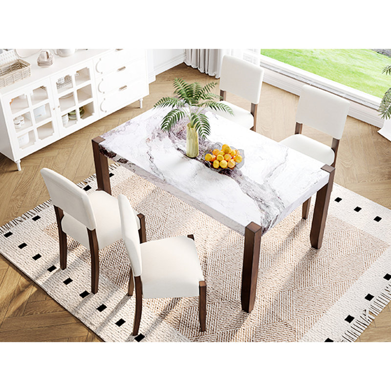 5 tables à manger pour 4 personnes, table contemporaine en faux marbre et 4 chaises rembourrées confortables avec pieds en bois d'hévéa massif