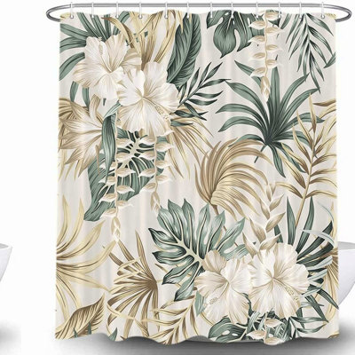 Vintage Sage Green Palm Leaves Shower Curtain - Tropical Floral Botanical Bathroom Decor, Beige Fabric with Hooks