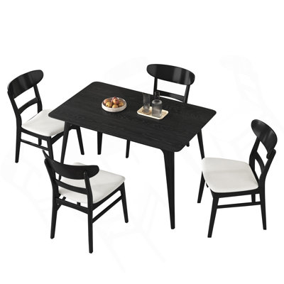 Ensemble de salle à manger 5 pièces de style Mid-Century moderne, structure en bois d'hévéa, une table et 4 chaises rembourrées, noir et beige clair