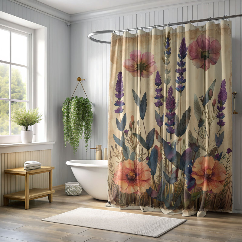 Rideau de douche floral 1 pièce, H 74 po x l 71 po