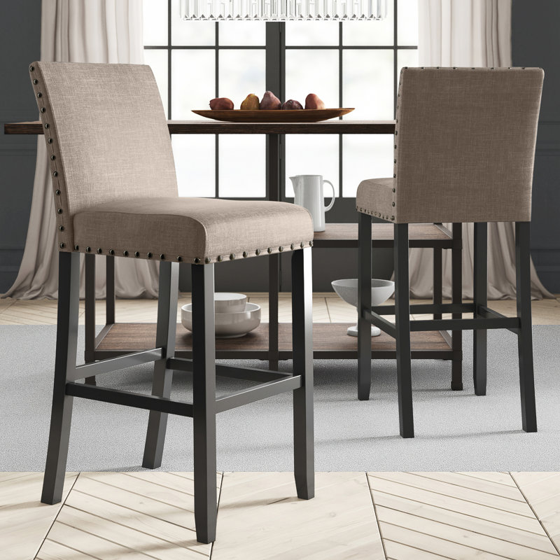 Carliana Fabric Counter Height Stools with Nailhead Trim, Set of 2, Tan, Bar Stool (29" Seat Height)