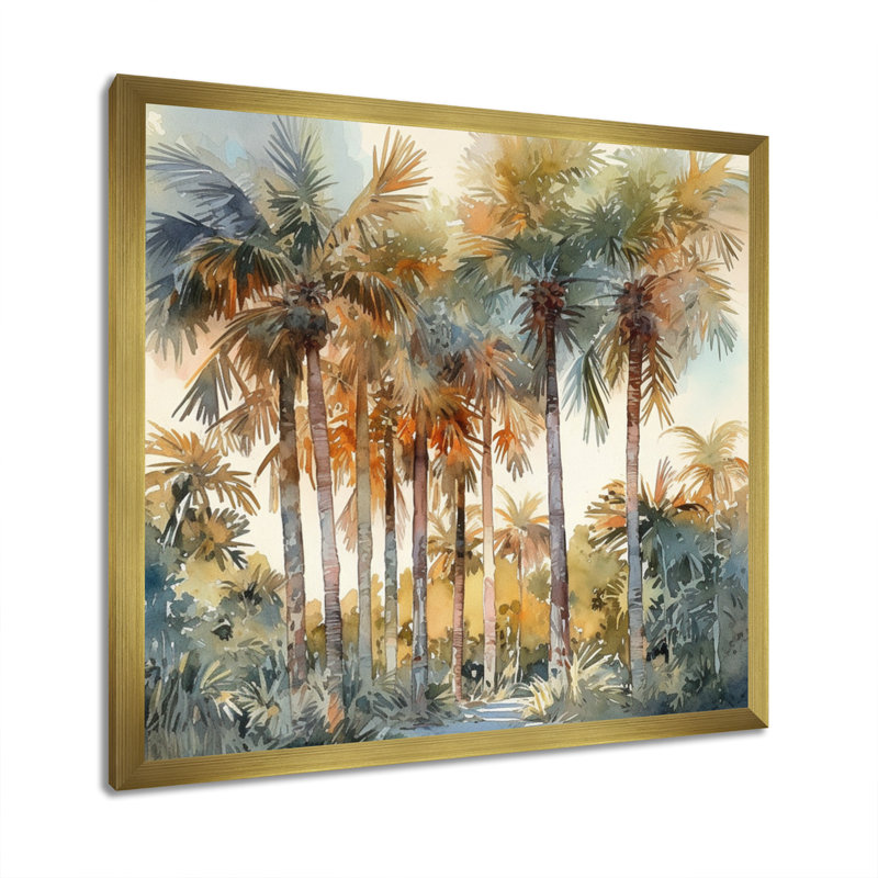 «Green Palm Tree Paradise III - Palm Trees», reproduction d'art sur toile, H 36 po x l 36 po x P 1,5 po, Cadre flottant doré