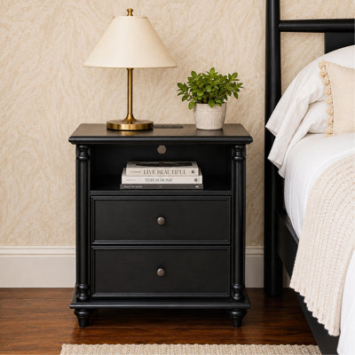 28"Nightstand with Charging Station, BLACK  Nightstand with Solid wood legs, 2 Drawers End Table, Bedside Table for bedroom